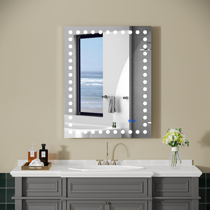 36×28 Inch Led-Lit Bathroom Mirror, Wall Mounted Anti-Fog Memory Rectangular Vanity Mirror With Tri-White Front Circular Light And Touch Sensor Dimmer Switch