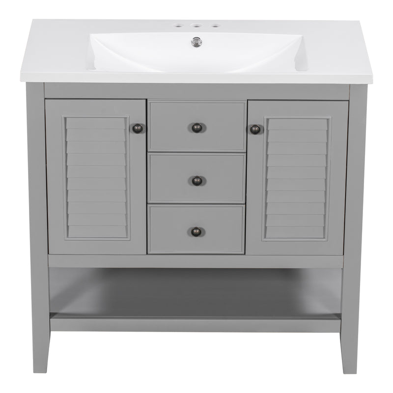 36" Bathroom Vanity with Ceramic Basin, Two Cabinets and Drawers, Open Shelf, Solid Wood Frame, Grey