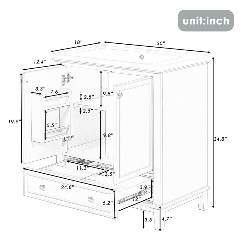 30" Bathroom Vanity with Sink Combo, Multi-functional Bathroom Cabinet with Doors and Drawer, Solid Frame and MDF Board, Grey