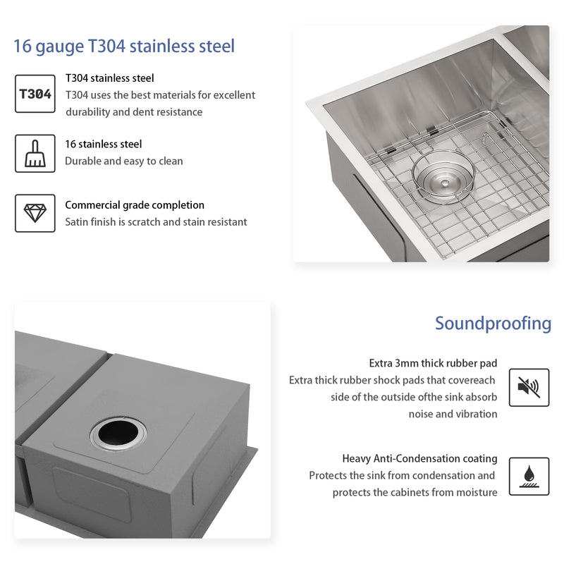 33x19 Undermount Double Bowl Kitchen Sink (50/50) in 18 Gauge Stainless Steel with 9 Inch Deep basin