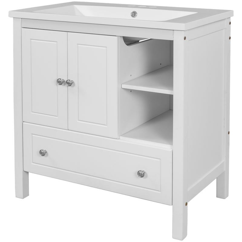 [VIDEO] 30" Bathroom Vanity with Sink, Bathroom Storage Cabinet with Doors and Drawers, Solid Wood Frame, Ceramic Sink, White