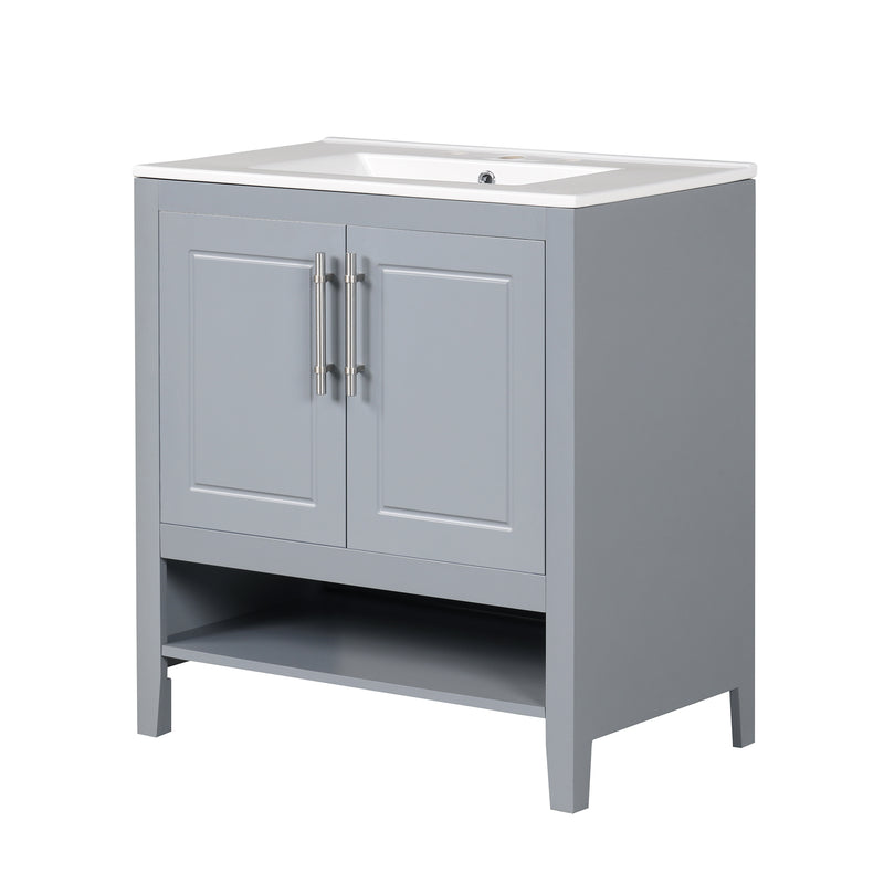 30" Bathroom Vanity with Sink, Multi-functional Bathroom Cabinet with Doors and Drawers, Solid Frame and MDF Board, Grey