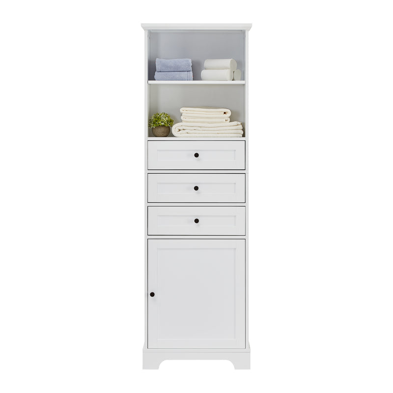 White Tall Storage Cabinet with 3 Drawers and Adjustable Shelves for Bathroom, Kitchen and Living Room, MDF Board with Painted Finish