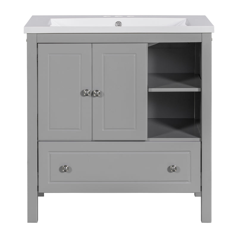 [VIDEO] 30" Bathroom Vanity with Sink, Bathroom Storage Cabinet with Doors and Drawers, Solid Wood Frame, Ceramic Sink, Grey