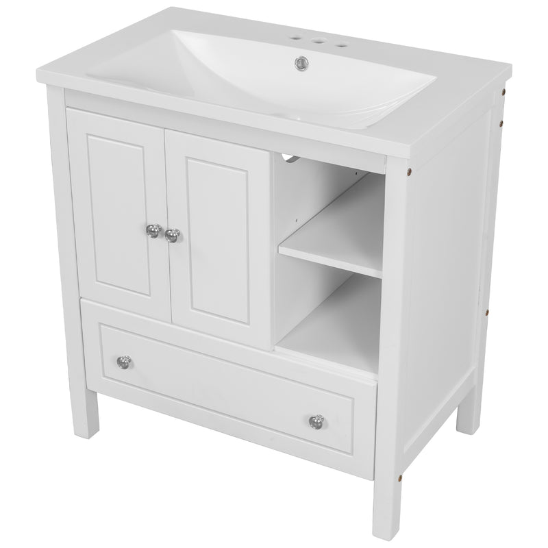 [VIDEO] 30" Bathroom Vanity with Sink, Bathroom Storage Cabinet with Doors and Drawers, Solid Wood Frame, Ceramic Sink, White