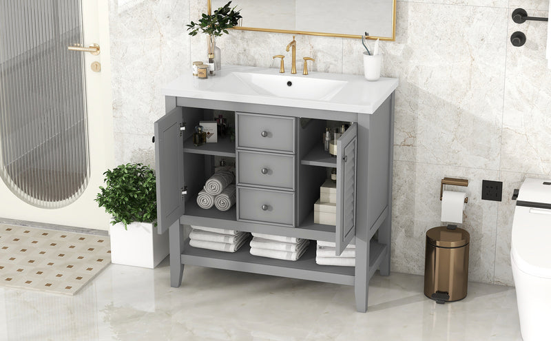 36" Bathroom Vanity with Ceramic Basin, Two Cabinets and Drawers, Open Shelf, Solid Wood Frame, Grey