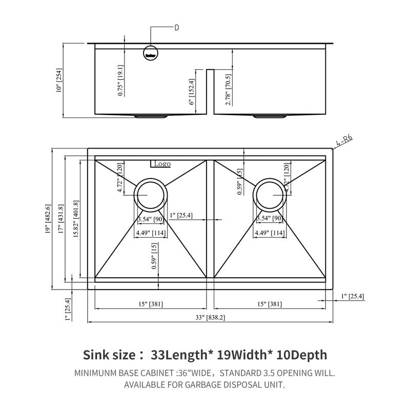 Double Bowl (50/50) Undermount Kitchen Sink- 33"x19" Stainless Steel 16 Gauge with Two 10" Deep Basin