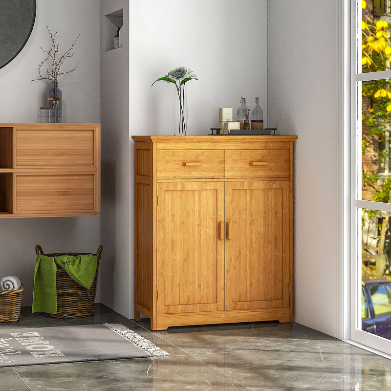 HOMCOM Bathroom Storage Cabinet, Bamboo Floor Cabinet with Drawers, Double Doors and Adjustable Shelves, Natural