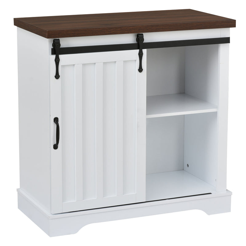 Bathroom Storage Cabinet, Freestanding Accent Cabinet, Sliding Barn Door, Thick Top, Adjustable Shelf, White and Brown