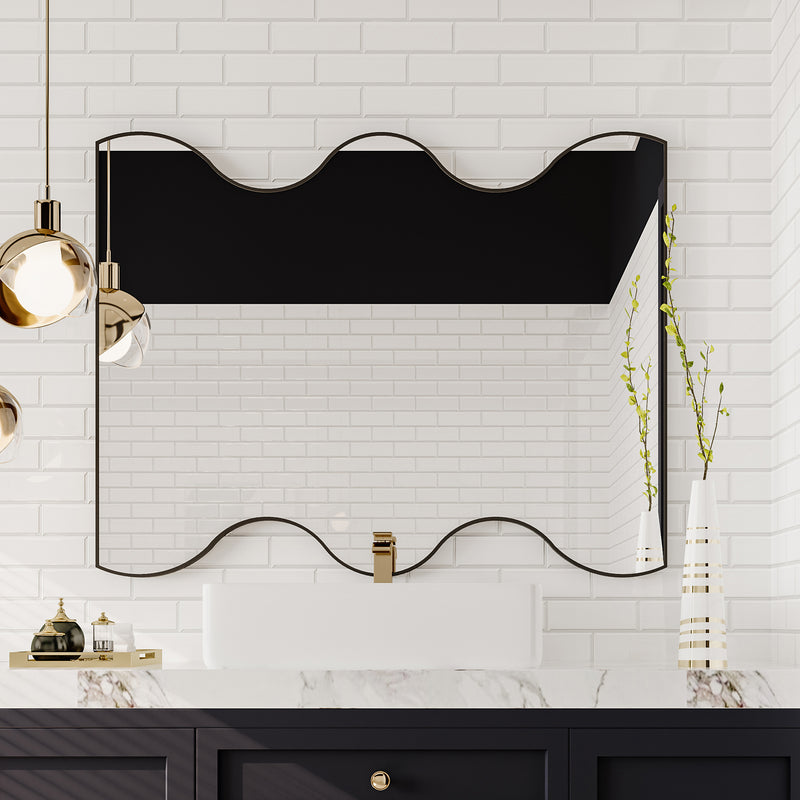 Wall Mirror 30x35 Inch Black Rectangular Mirror with 2 Wavy Sides Metal Framed Mirror Vanity Mirror Dressing Mirror, for Bathroom, Living Room, Bedroom Wall Decor