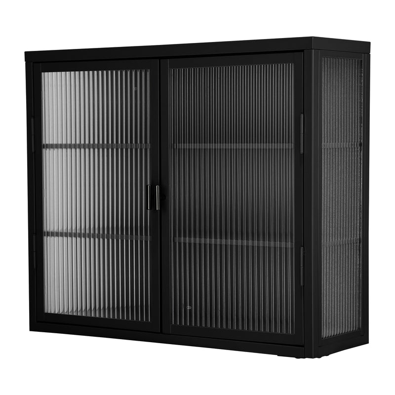 Retro Style Haze Double Glass Door Wall Cabinet With Detachable Shelves for Office, Dining Room,Living Room, Kitchen and Bathroom Black