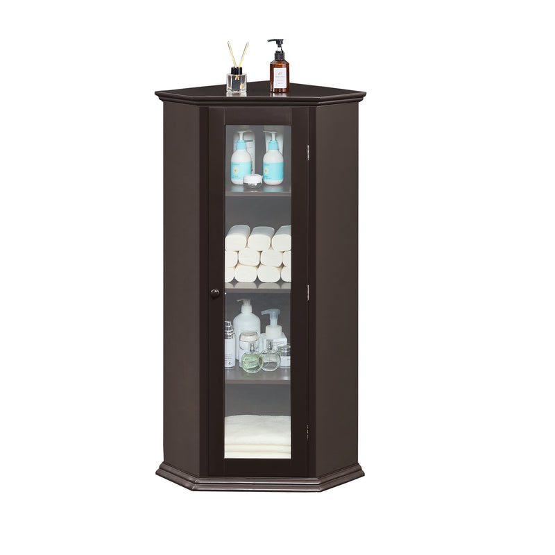 Freestanding Bathroom Cabinet with Glass Door, Corner Storage Cabinet for Bathroom, Living Room and Kitchen, MDF Board with Painted Finish, Brown