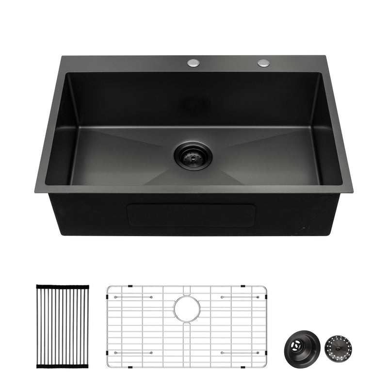 Black Drop Sink, 28x22 inch Drop in Kitchen Sink Gunmetal Black Topmount 16 Gauge Deep Single Bowl Stainless Steel Sink Basin