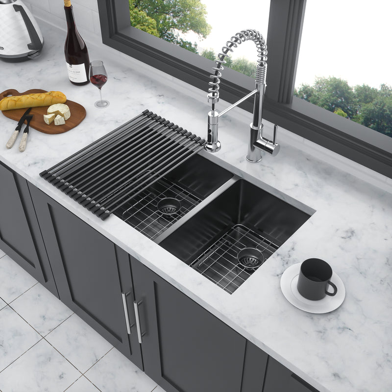 Double Bowl(60/40) Undermount Sink- 33"x19" Gunmetal Black  Double Bowl Kitchen Sink 16 Gauge with Two 10" Deep Basin