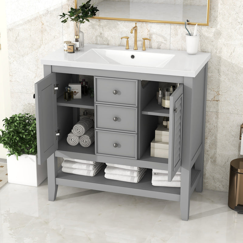 36" Bathroom Vanity with Ceramic Basin, Two Cabinets and Drawers, Open Shelf, Solid Wood Frame, Grey