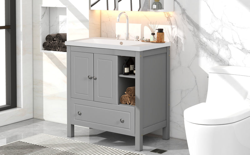 [VIDEO] 30" Bathroom Vanity with Sink, Bathroom Storage Cabinet with Doors and Drawers, Solid Wood Frame, Ceramic Sink, Grey