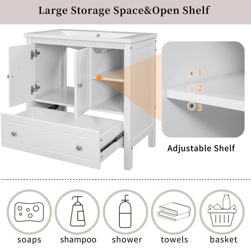 [VIDEO] 30" Bathroom Vanity with Sink, Bathroom Storage Cabinet with Doors and Drawers, Solid Wood Frame, Ceramic Sink, White