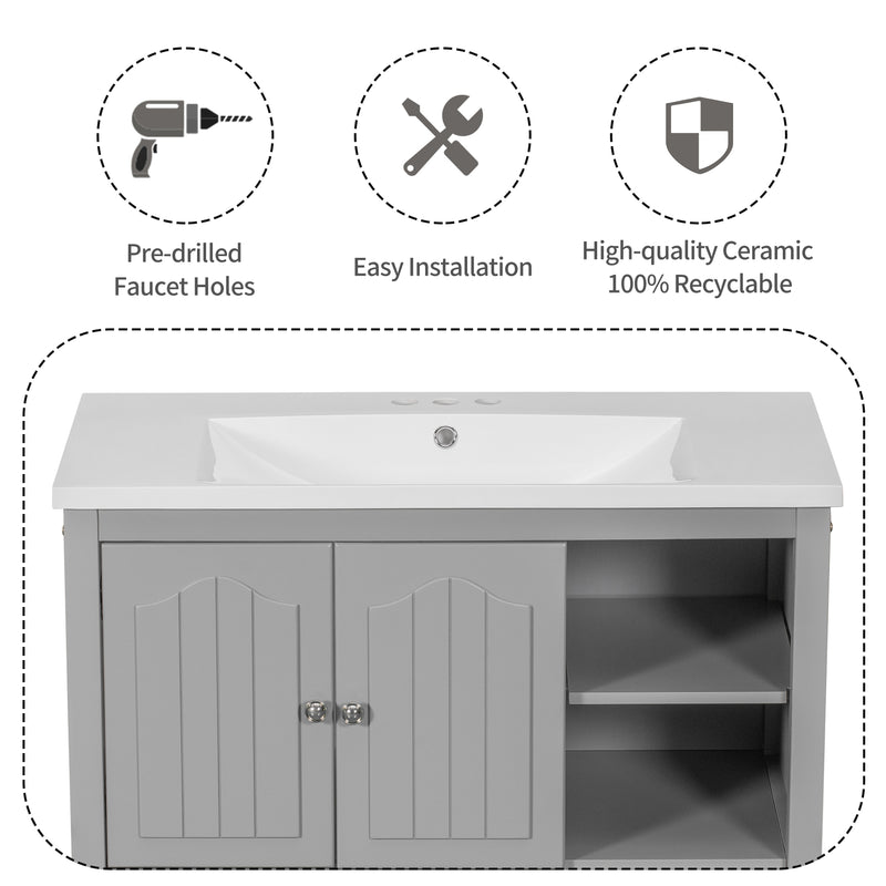 [VIDEO] 36" Bathroom Vanity with Ceramic Basin, Bathroom Storage Cabinet with Two Doors and Drawers, Solid Frame, Metal Handles, Grey