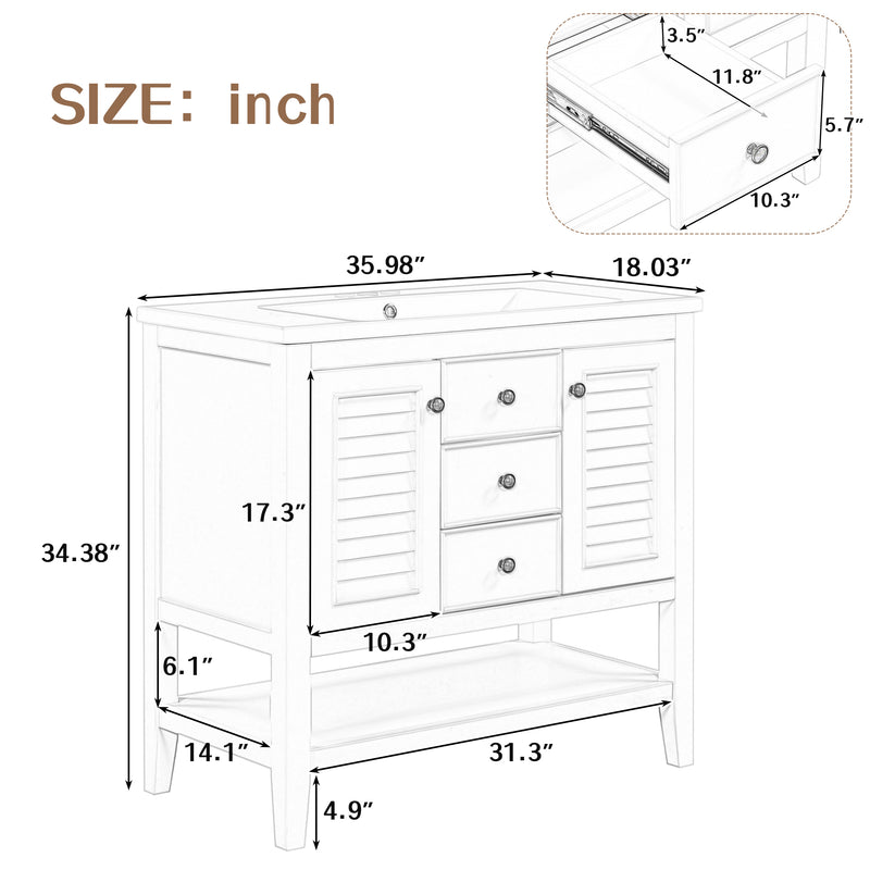 36" Bathroom Vanity with Ceramic Basin, Two Cabinets and Drawers, Open Shelf, Solid Wood Frame, Grey