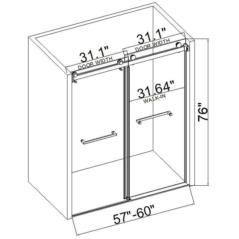 60*76" Double Sliding Frameless Shower Door Matte Black Without Buffer