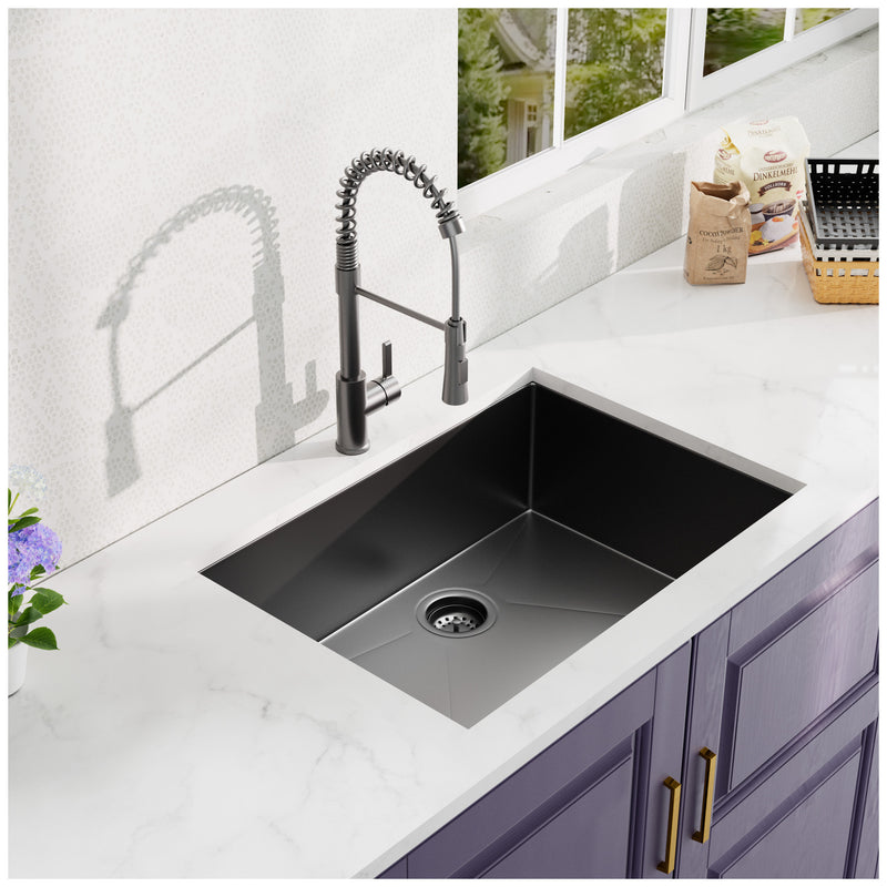 27Inch Gunmetal Black Undermount 18 Guage Stainless Steel Kitchen Sink With Black Spring Neck Faucet