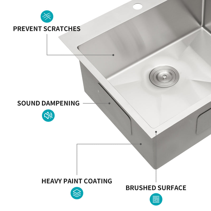 Stainless Steel Drop In Kitchen Sink - 25 Inch Drop-in Topmount Sinks 16 Gauge R10 Tight Radius Deep Single Bowl 25" Basin Sink