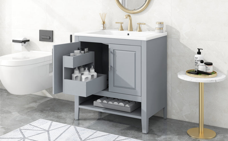 30" Bathroom Vanity with Sink, Multi-functional Bathroom Cabinet with Doors and Drawers, Solid Frame and MDF Board, Grey