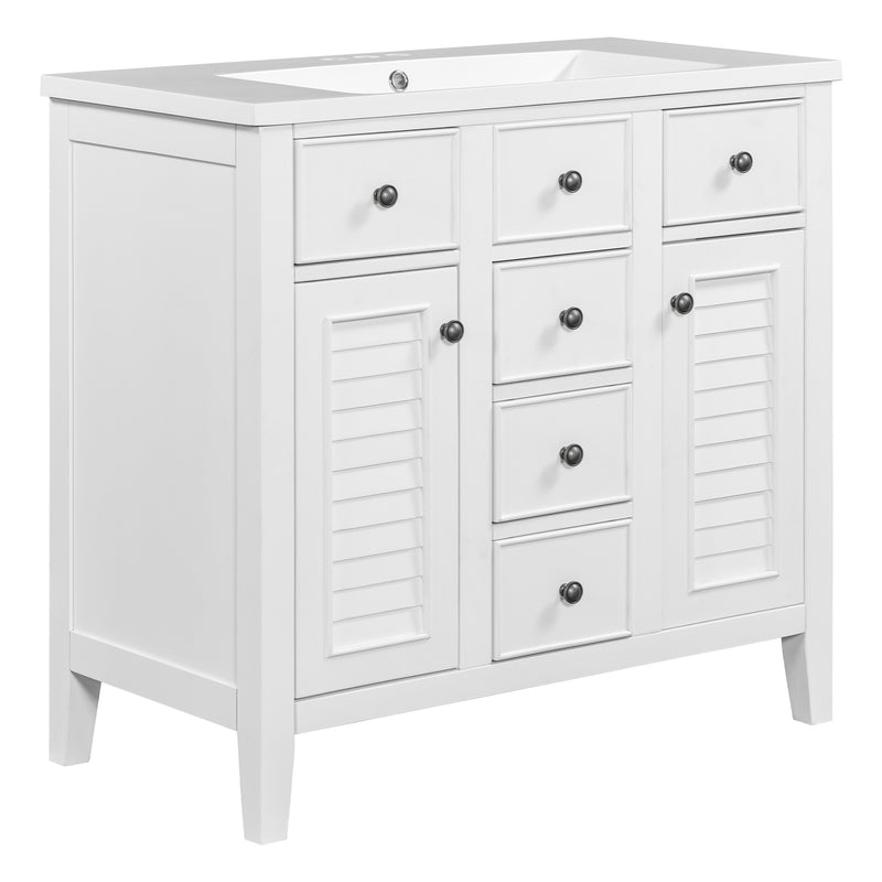 36" Bathroom Vanity with Ceramic Basin, Two Cabinets and Five Drawers, Solid Wood Frame, White