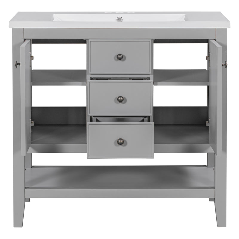 36" Bathroom Vanity with Ceramic Basin, Two Cabinets and Drawers, Open Shelf, Solid Wood Frame, Grey