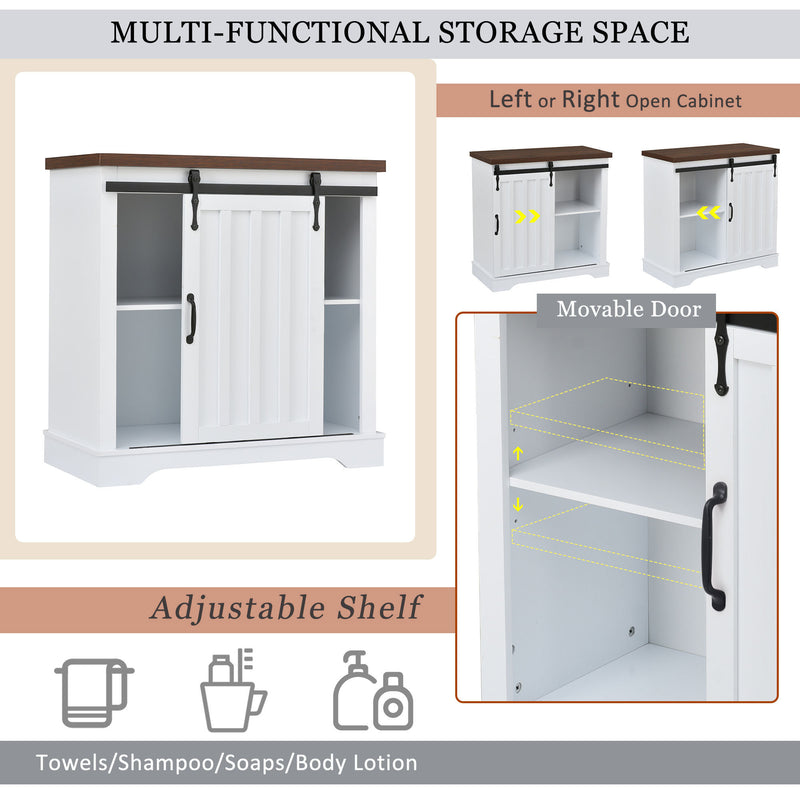 Bathroom Storage Cabinet, Freestanding Accent Cabinet, Sliding Barn Door, Thick Top, Adjustable Shelf, White and Brown