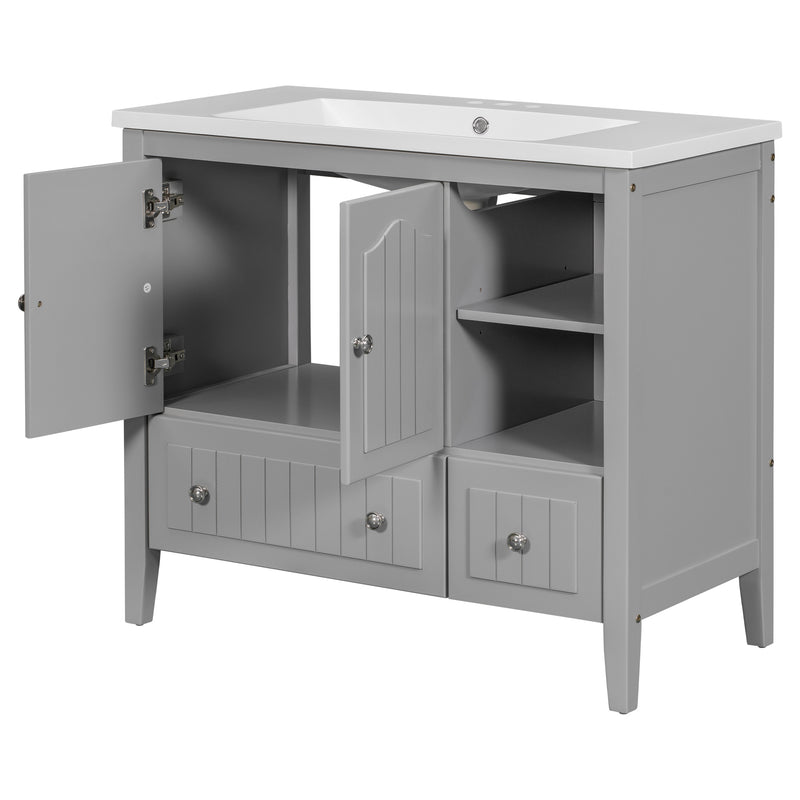 [VIDEO] 36" Bathroom Vanity with Ceramic Basin, Bathroom Storage Cabinet with Two Doors and Drawers, Solid Frame, Metal Handles, Grey