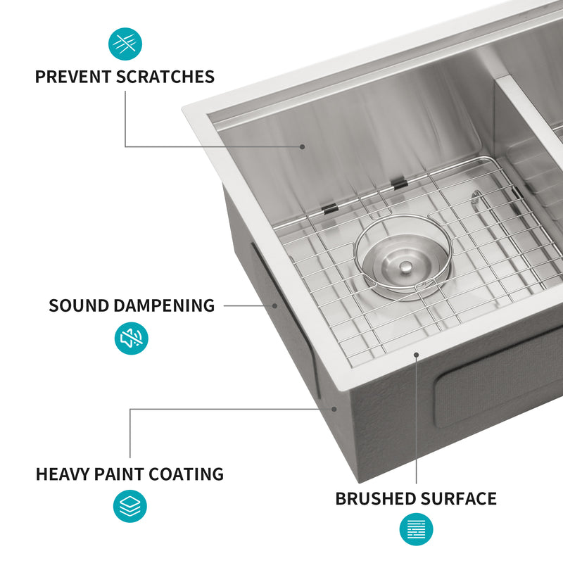 Double Bowl (50/50) Undermount Kitchen Sink- 33"x19" Stainless Steel 16 Gauge with Two 10" Deep Basin