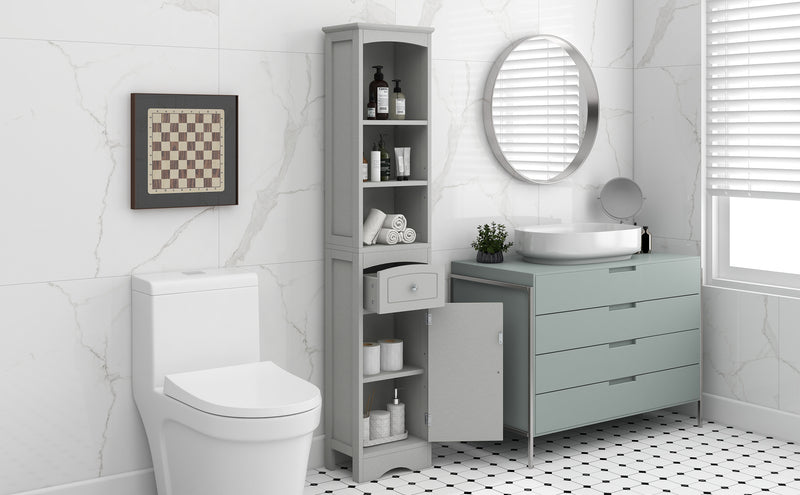 Tall Bathroom Cabinet, Freestanding Storage Cabinet with Drawer, MDF Board, Adjustable Shelf, Grey