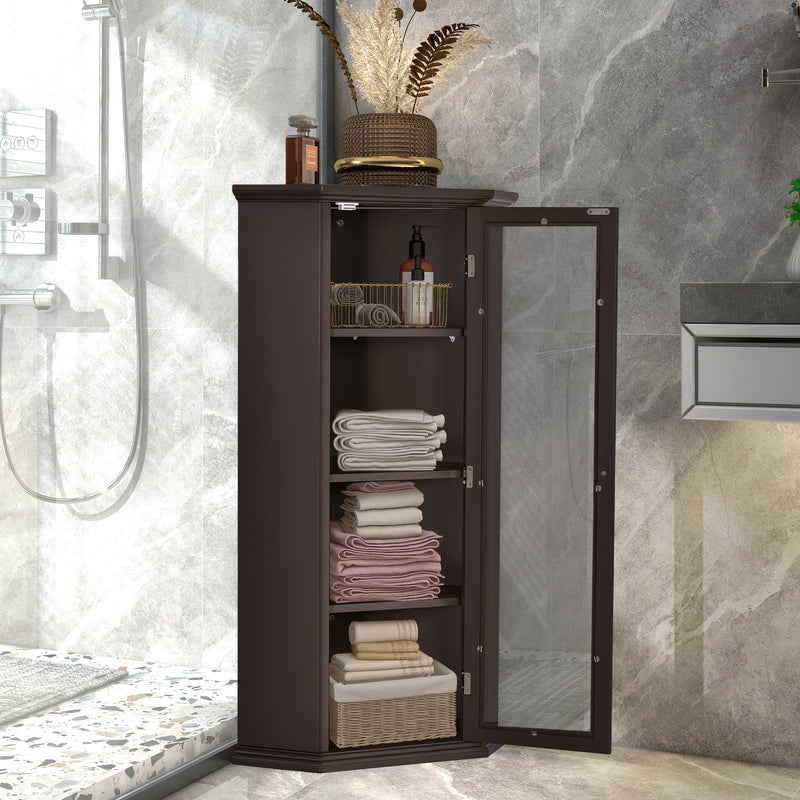 Freestanding Bathroom Cabinet with Glass Door, Corner Storage Cabinet for Bathroom, Living Room and Kitchen, MDF Board with Painted Finish, Brown