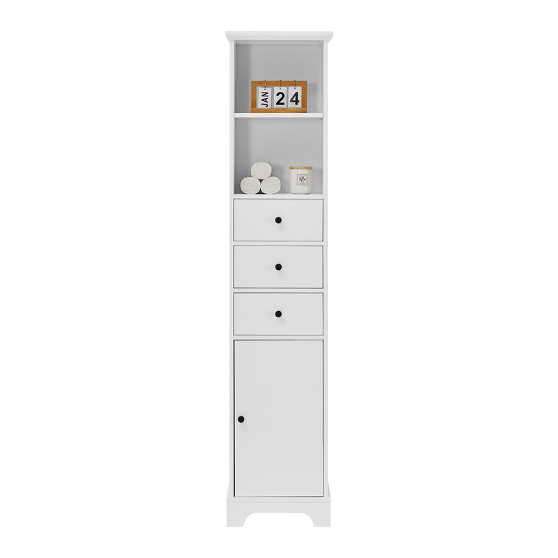 White Tall Bathroom Cabinet, Freestanding Storage Cabinet with 3 Drawers and Adjustable Shelf, MDF Board with Painted Finish