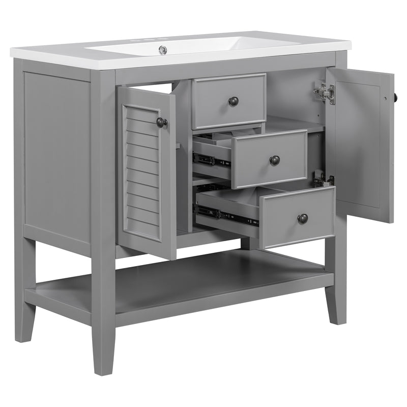 36" Bathroom Vanity with Ceramic Basin, Two Cabinets and Drawers, Open Shelf, Solid Wood Frame, Grey