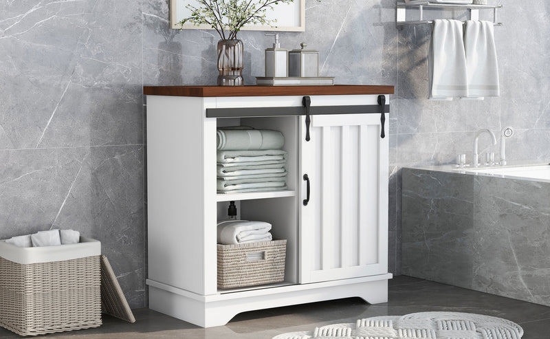 Bathroom Storage Cabinet, Freestanding Accent Cabinet, Sliding Barn Door, Thick Top, Adjustable Shelf, White and Brown