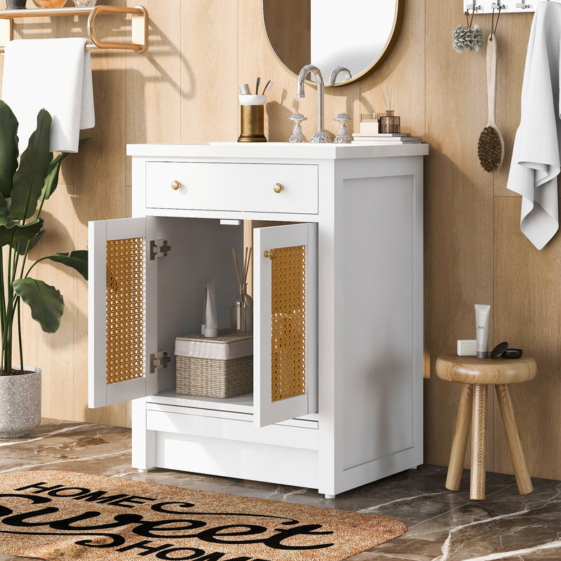 24" Bathroom vanity with Single Sink, White Combo Cabinet Undermount Sink, Bathroom Storage Cabinet, Solid Wood Frame, Pull-out footrest