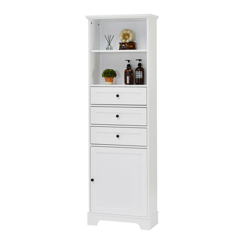 White Tall Storage Cabinet with 3 Drawers and Adjustable Shelves for Bathroom, Kitchen and Living Room, MDF Board with Painted Finish