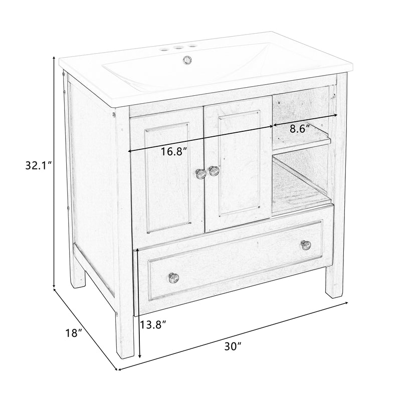 [VIDEO] 30" Bathroom Vanity with Sink, Bathroom Storage Cabinet with Doors and Drawers, Solid Wood Frame, Ceramic Sink, Grey