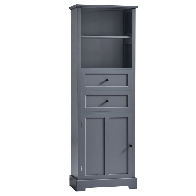 Bathroom Storage Cabinet, Tall Storage Cabinet with Two Drawers, Open Storage, Adjustable Shelf, Grey