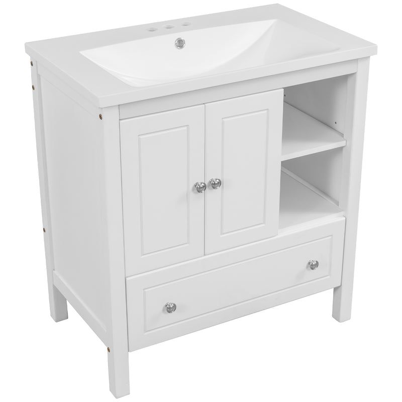 [VIDEO] 30" Bathroom Vanity with Sink, Bathroom Storage Cabinet with Doors and Drawers, Solid Wood Frame, Ceramic Sink, White