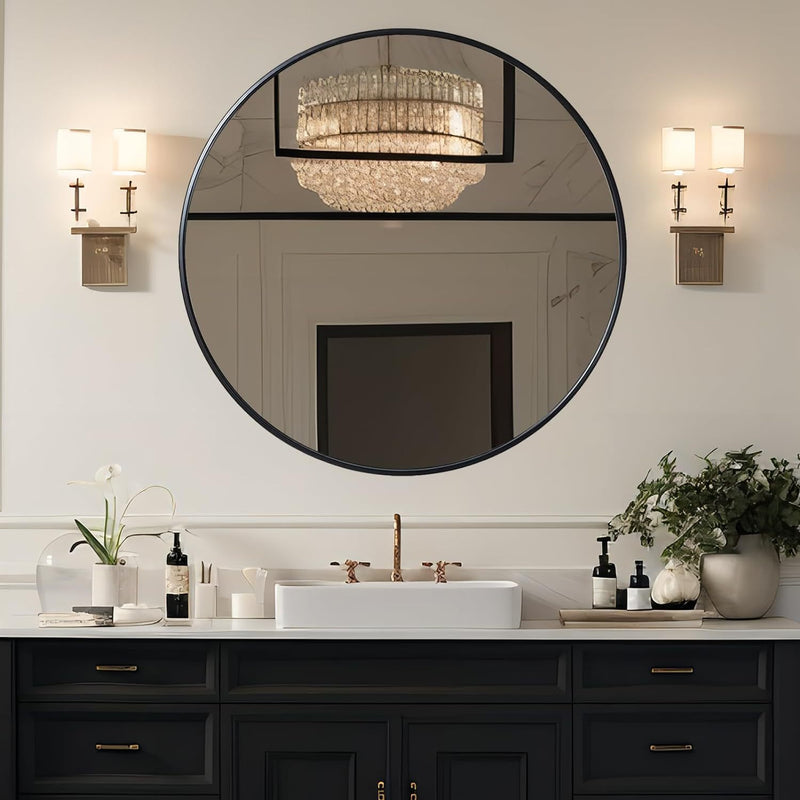 Black 39 Inch Metal Round Bathroom Mirror