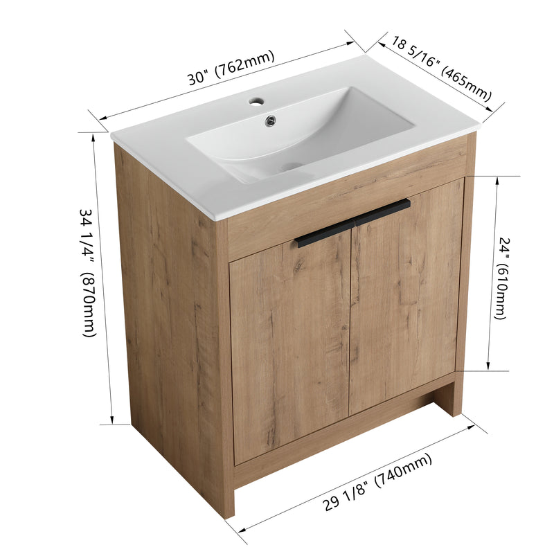 30" Freestanding Bathroom Vanity with White Ceramic Sink & 2 Soft-Close Cabinet Doors ((KD-PACKING),BVB02430IMO-BL9075B