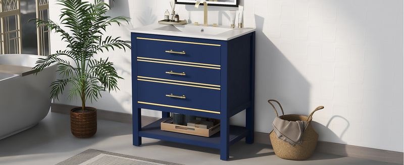 [Viedo]Modern 30inch Navy Blue/White Bathroom Vanity Cabinet Combo with Open
Storge, Two Drawers