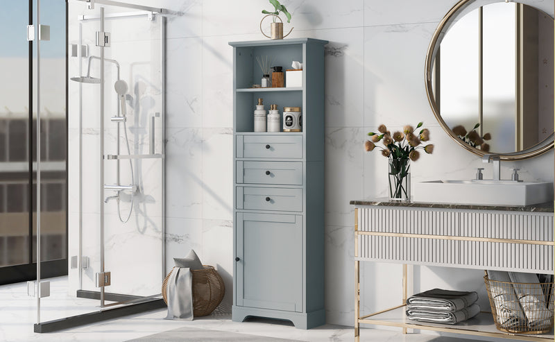 Grey Tall Storage Cabinet with 3 Drawers and Adjustable Shelves for Bathroom, Kitchen and Living Room, MDF Board with Painted Finish