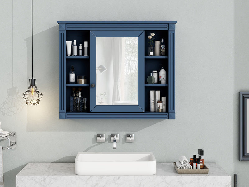 35'' x 28'' Royal Blue Wall Mounted Bathroom Storage Cabinet, Modern Bathroom Wall Cabinet with Mirror, Mirror Cabinet with 6 Open Shelves (Not Include Bathroom Vanity )