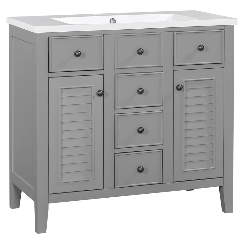 36" Bathroom Vanity with Ceramic Basin, Two Cabinets and Five Drawers, Solid Wood Frame, Grey