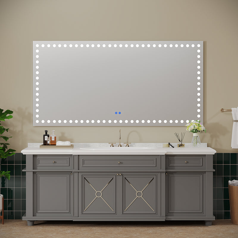 72X36 Inch Led-Lit Bathroom Mirror, Wall Mounted Anti-Fog Memory Rectangular Vanity Mirror With Tri-White Front Circular Light And Touch Sensor Dimmer Switch