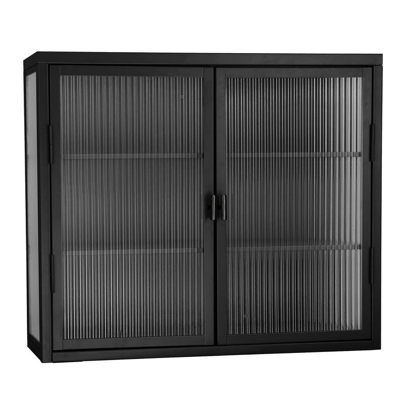 Retro Style Haze Double Glass Door Wall Cabinet With Detachable Shelves for Office, Dining Room,Living Room, Kitchen and Bathroom Black